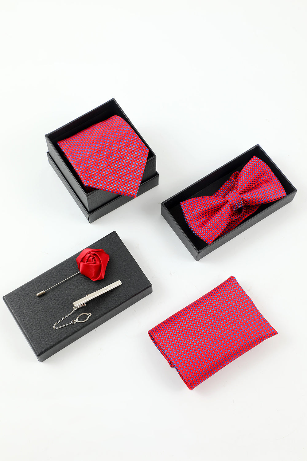 Fuchsia Homme 5-Piece Accessory Set Cravate et Nœud Papillon Poche Carré Fleur Revers Pin Tie Clip