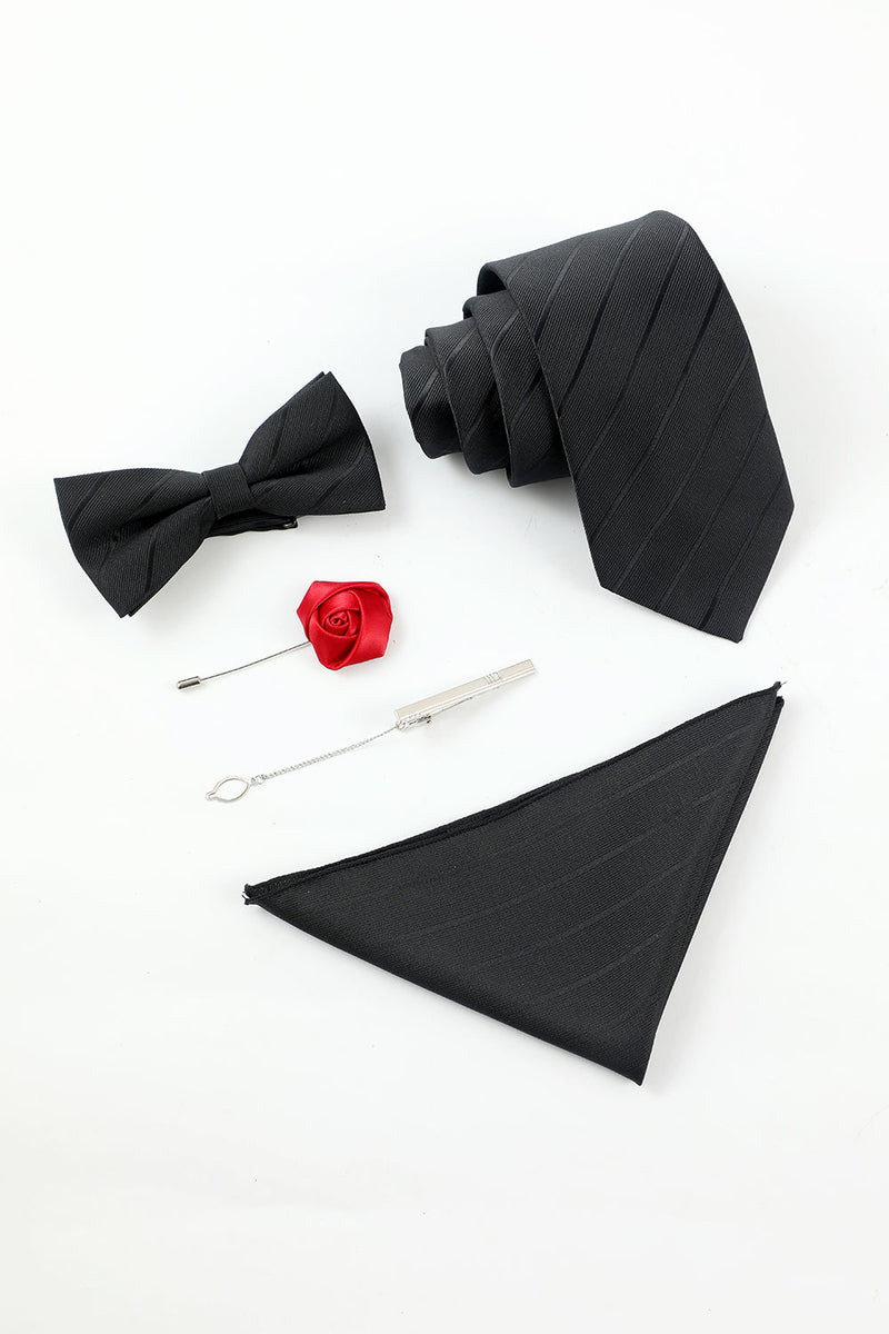 Charger l&#39;image dans la galerie, Black Stripe Homme 5-Piece Accessory Set Cravate et Nœud Papillon Poche Carré Fleur Revers Pin Tie Clip