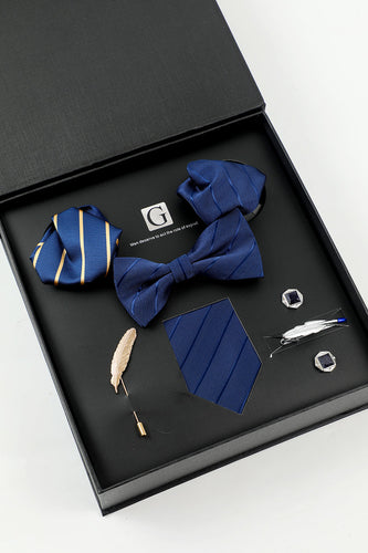Royal Blue Men’s Accessory Set Stripe Tie and Bow Tie Two Pocket Square Lapel Pin Tie Clip Cufflinks
