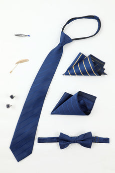 Royal Blue Men’s Accessory Set Stripe Tie and Bow Tie Two Pocket Square Lapel Pin Tie Clip Cufflinks