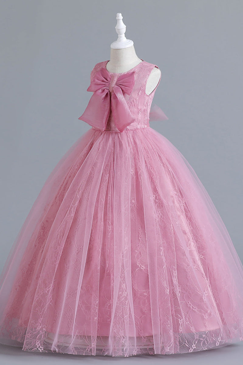 Charger l&#39;image dans la galerie, A-ligne Tulle Blush Robes de demoiselle d&#39;honneur pour fille avec nœud papillon