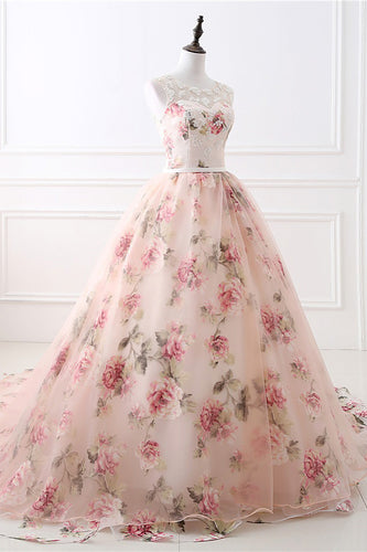 A-Line Robe de mariée imprimée fleur blush avec perles