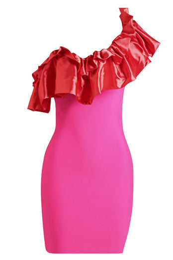 Robe de cocktail rose vif à une épaule avec volants