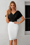 Robe de cocktail à col V Bodycon noir et blanc avec ceinture