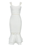 Robe de cocktail bodycon à bretelles blanches avec volants