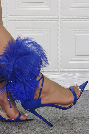 Sandales à talons aiguilles à bout pointu à plumes bleu royal