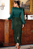 Vert foncé Manches Longues Paillettes Robe de mère de la mariée avec fente