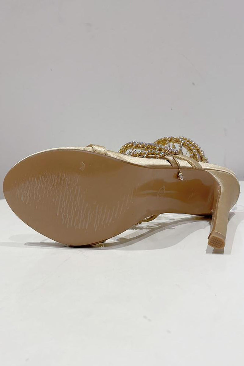 Charger l&#39;image dans la galerie, Sandales dorées à talons hauts à bretelles scintillantes avec pompon