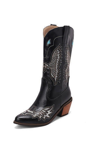 Broderie noire Mid Calf Chunky Heel Western Boots