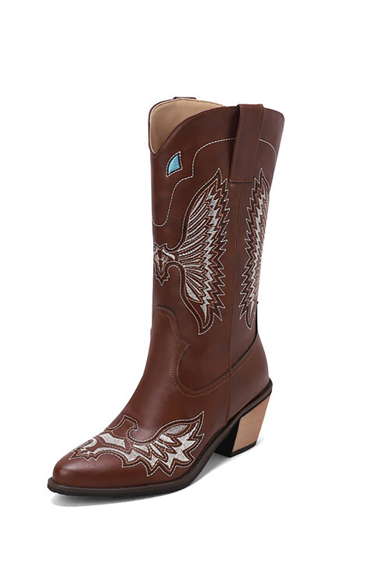 Charger l&#39;image dans la galerie, Broderie noire Mid Calf Chunky Heel Western Boots