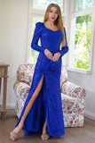 Sparkly Manches Longues Paillettes Royal Blue Robe de soirée avec fente