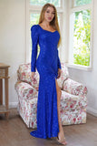 Sparkly Manches Longues Paillettes Royal Blue Robe de soirée avec fente
