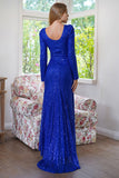 Sparkly Manches Longues Paillettes Royal Blue Robe de soirée avec fente