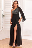 Robe de cérémonie noire scintillante à une épaule avec des paillettes