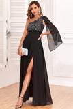 Robe de cérémonie noire scintillante à une épaule avec des paillettes