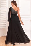 Robe de cérémonie noire scintillante à une épaule avec des paillettes