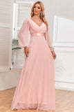 Robe formelle en mousseline de soie à col en V fard à joues à manches longues