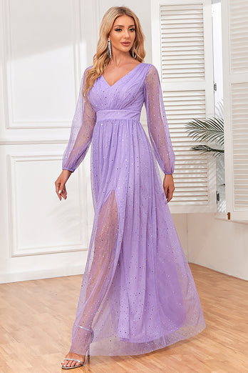 Robe de soirée lilas à manches longues trapèze avec fente