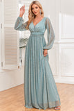 Robe de cérémonie bleue trapèze à paillettes à manches longues