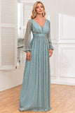 Robe de cérémonie bleue trapèze à paillettes à manches longues