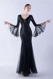 Vert foncé Sequin Col V Manches longues Sirène Robe Formelle
