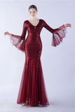 Vert foncé Sequin Col V Manches longues Sirène Robe Formelle