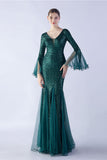 Vert foncé Sequin Col V Manches longues Sirène Robe Formelle