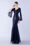 Vert foncé Sequin Col V Manches longues Sirène Robe Formelle