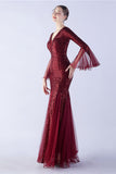 Vert foncé Sequin Col V Manches longues Sirène Robe Formelle