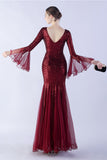 Vert foncé Sequin Col V Manches longues Sirène Robe Formelle
