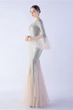 Vert foncé Sequin Col V Manches longues Sirène Robe Formelle