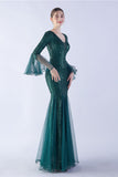 Vert foncé Sequin Col V Manches longues Sirène Robe Formelle