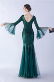 Vert foncé Sequin Col V Manches longues Sirène Robe Formelle