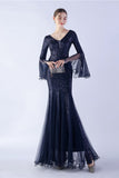Vert foncé Sequin Col V Manches longues Sirène Robe Formelle
