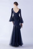 Vert foncé Sequin Col V Manches longues Sirène Robe Formelle