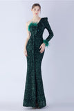 Sirène une épaule sequin robe formelle avec des plumes