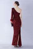 Sirène une épaule sequin robe formelle avec des plumes