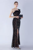 Sirène une épaule sequin robe formelle avec des plumes