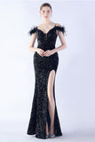 Sirène Spaghetti Bretelles Paillette Robe De Soirée Formelle Avec Plumes