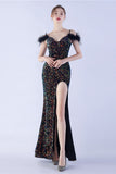 Sirène Spaghetti Bretelles Paillette Robe De Soirée Formelle Avec Plumes