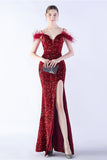 Sirène Spaghetti Bretelles Paillette Robe De Soirée Formelle Avec Plumes