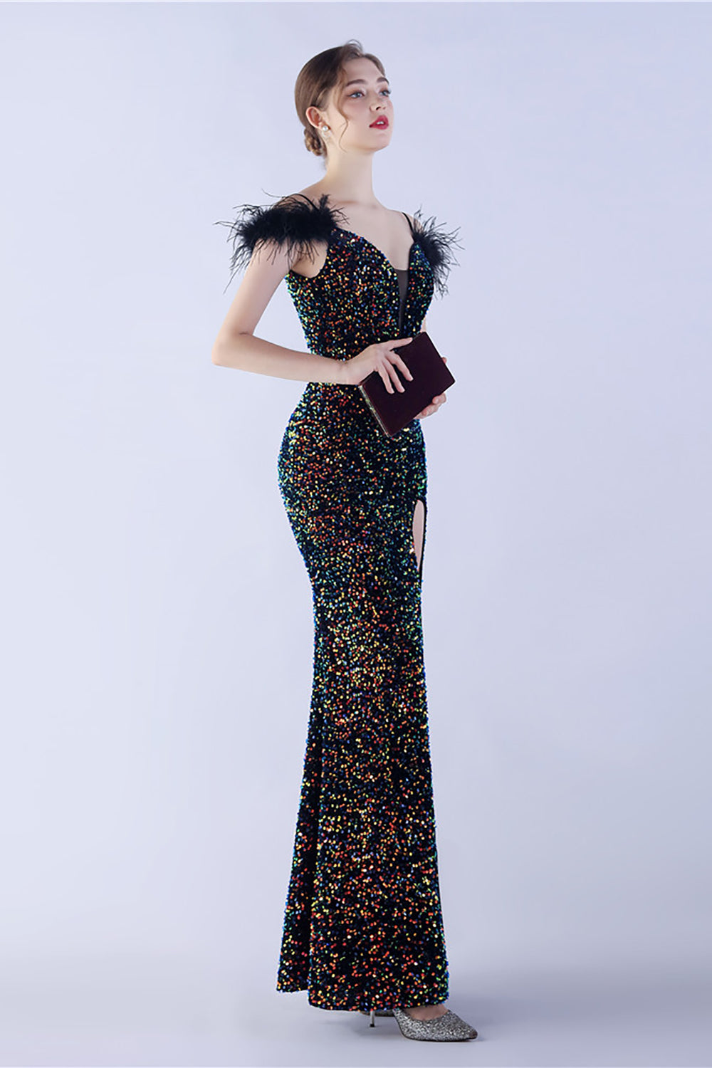 Sirène Spaghetti Bretelles Paillette Robe De Soirée Formelle Avec Plumes