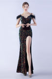 Sirène Spaghetti Bretelles Paillette Robe De Soirée Formelle Avec Plumes