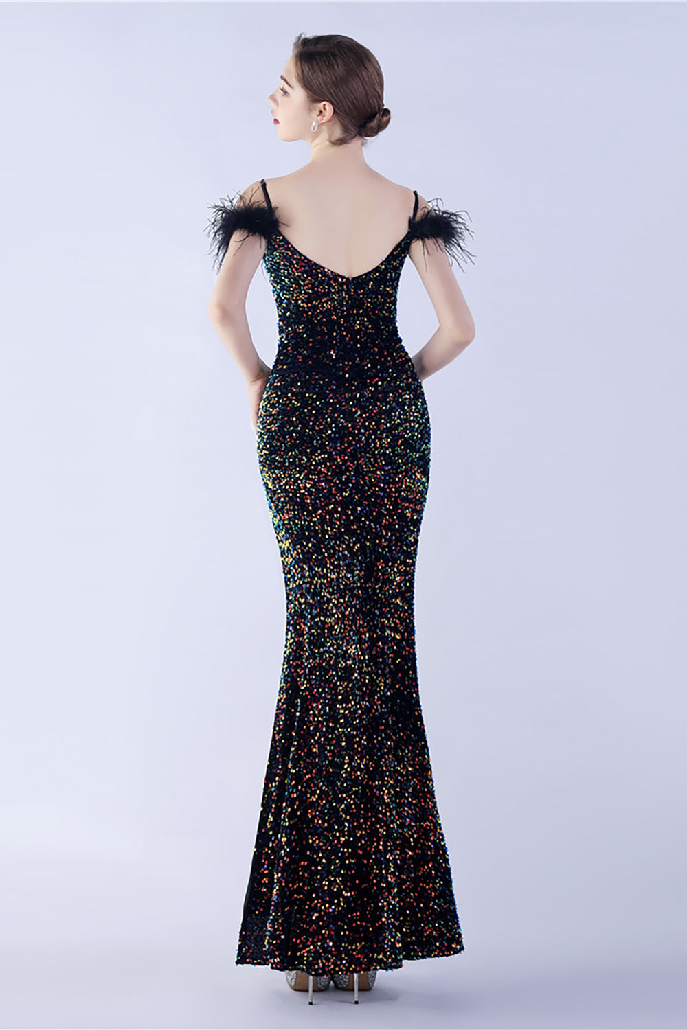 Sirène Spaghetti Bretelles Paillette Robe De Soirée Formelle Avec Plumes