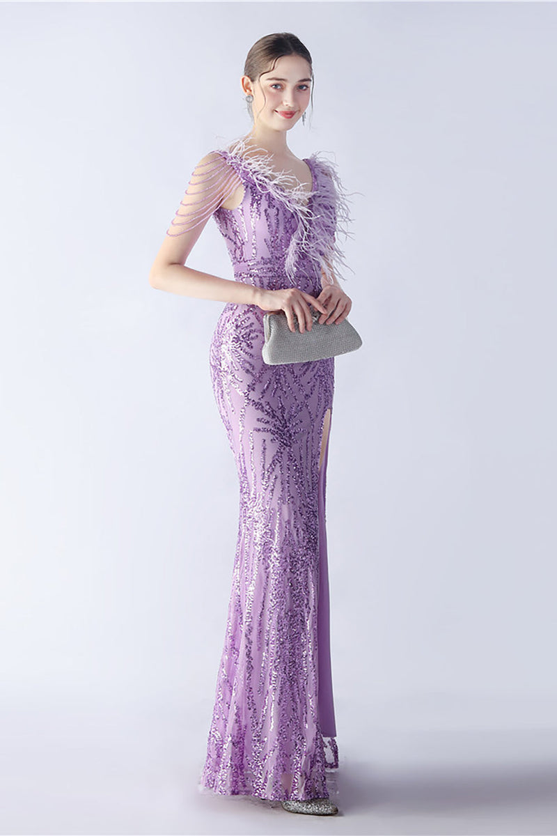 Charger l&#39;image dans la galerie, Robe de soirée lilas sirène col V paillettes et plumes d’autruche perlées avec fente
