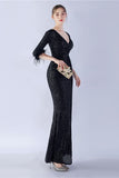 Robe formelle fourreau à demi-manches à col en V à paillettes bleu marine avec plume