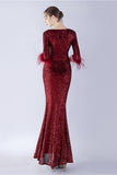 Robe formelle fourreau à demi-manches à col en V à paillettes bleu marine avec plume