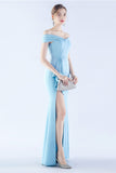 Robe formelle en crêpe sirène à épaules dénudées bleu marine avec fente