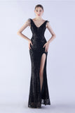 Robe de soirée perlée à col en V à col en V lilas avec plume