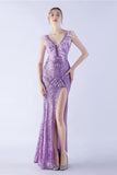 Robe de soirée perlée à col en V à col en V lilas avec plume